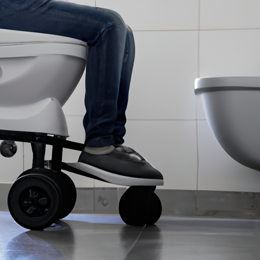 3. אדם משתמש בכיסא אמבטיה עם גלגלים, מראה עצמאות בחדר האמבטיה.